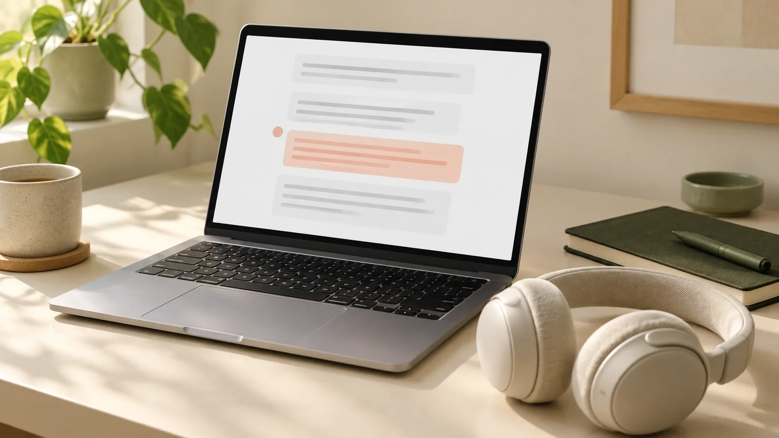 Illustrative laptop showing an abstract chat answer with a highlighted passage beside headphones.
