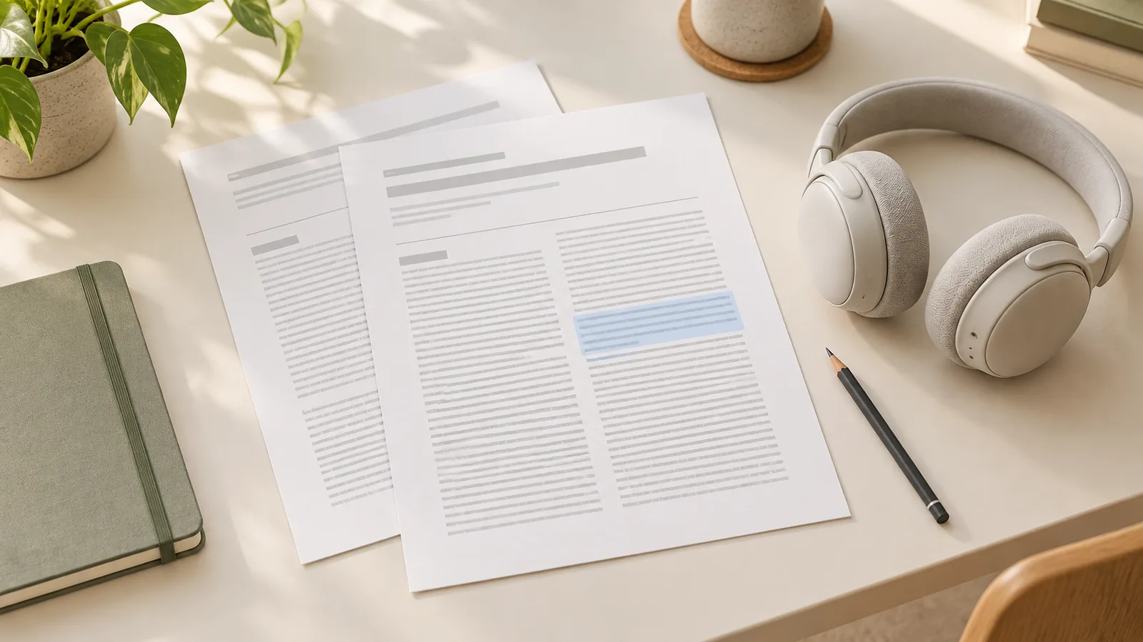Illustration of two-column research pages with a highlighted passage beside headphones.